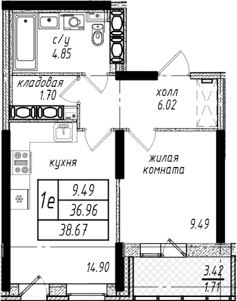 1-комнатная квартира 38.67 м², 16/25 эт., ЖК «Северная Долина»